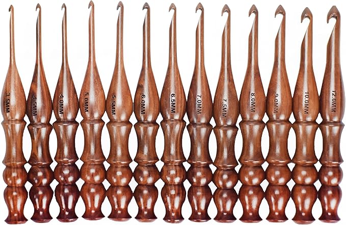 Wooden Crochet Hooks Set of 13 for Arthritic Hands | Ergonomic Soft Grip Handcrafted Knitting Needle for Crocheting and Knitting (Brown (Crochet - 2))