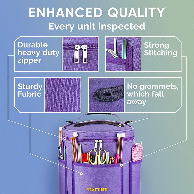 CRAFTISS Knitting Bag Yarn Storage - Christmas Gift - Durable Canvas Yarn Holder for Crochet Accessories - Organizer Crochet Bag with Knitting Accessories Case (Purple)