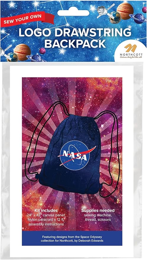 Northcott NASA Logo DIY Drawstring Bag Sewing Kit – Space-Themed Fabric Craft Project for Adults – Includes 24" x 43" Dark Blue Canvas Panel & 12ft Nylon Paracord – Create 17" x 13" Handmade Bag