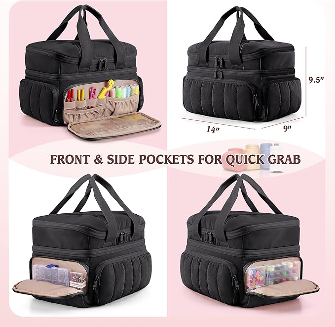 Puffer Sewing Organizer Bag, Large Capacity with Multiple Pockets and Detachable Dividers, Storage Box for Threads, Needles, Scissors, Craft Supplies, Black (BAG ONLY, NO SUPPLIES)