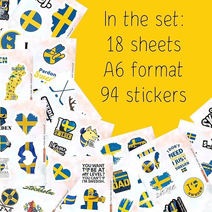 BulbaCraft Swedish Stickers for Water Bottle and Laptop - Nordic Party Supplies & Decorations, Waterproof Vinyl Swedish Decals, Sweden Flag and Culture Stickers Laptop Decals, Gifts for Women & Men