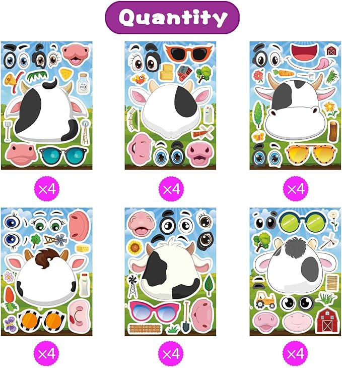 24 PCS Cows Stickers for Kids, Make-a-face Sticker Sheets Make Your Own Fram Animal Sticker for Kids Party Favor Supplies Craft