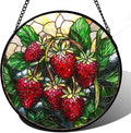 Stained Glass Suncatcher, Red Strawberry Green Leaf Sun Catcher Silver Background Stain Glass Window Hanging Decoration Mother's Day Birthday Gifts for Women Men Mom Nana 6.3 in