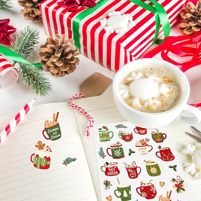 300 Pcs Hot Cocoa Winter Stickers Christmas Rustic Mini Winter Stickers Party Favors Aesthetic Waterproof Vinyl Decals Pack for Water Bottles Scrapbooking Laptop Luggage Phone Skateboard