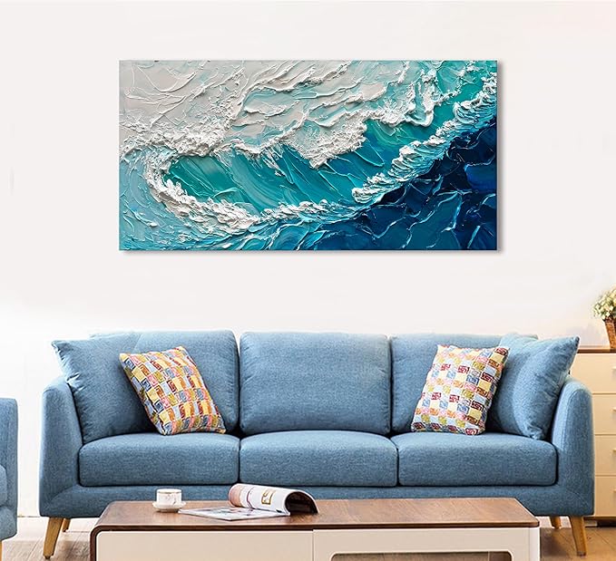 NANKAI 24x48 Inches Blue Thick Texture Abstract Oil Painting Hand-Painted Ocean Landscape Oil Painting Home Wall Art Deco
