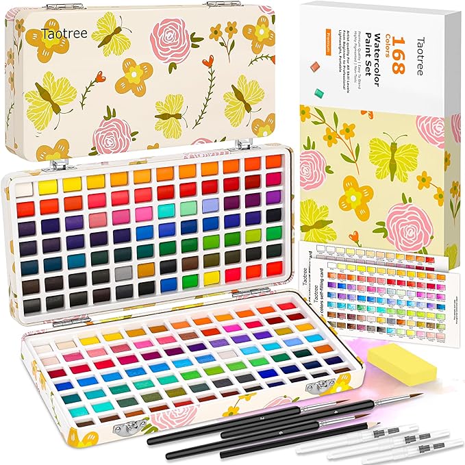 Taotree Watercolor Paint Set 168 Colors, Art Supplies Watercolors Kit Travel Water Colors with 3 Paints Brushes, Crafts Painting Supplies, Drawing Christmas Gifts for Adults Artist Drawing, Painting