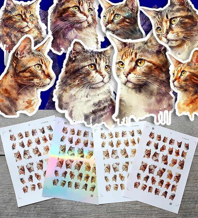 Stickers Pack (Over 150 Stickers) Gorgeous Paintings of Realistic Ginger and Tabby Cats Vintage Styled Small Vinyl Stickers White Hologram Transparent