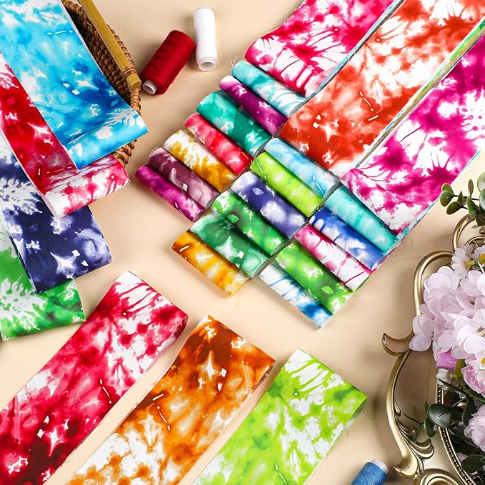 60 Pcs Christmas Quilting Fabric Roll 2.6 x 40" Cotton Fabric Strips Precut Jelly Patchwork for Craft Sewing(Tie Dye)