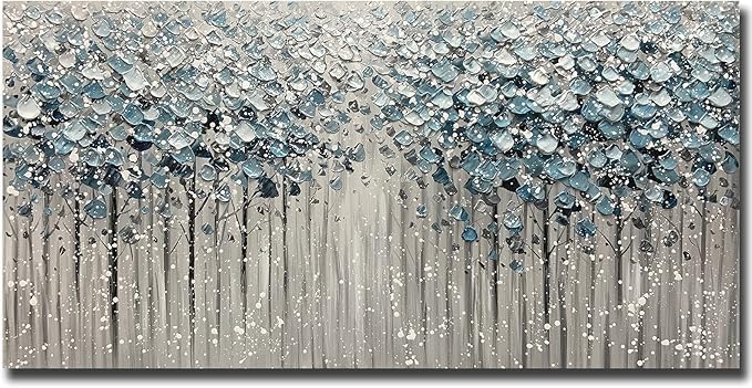 Yotree Paintings - 30x60 Inch 3D Oil Paintings on Canvas Blue Forest Heavy Texture Acrylic Painting Wall Art Wall Decoration Wood Inside Framed Hanging Ready to Hang