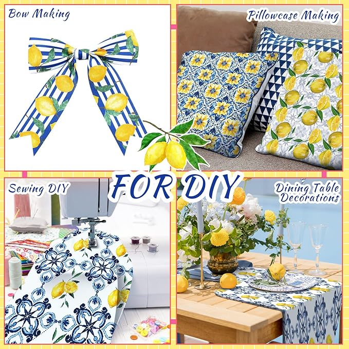 Hahafelt 10 Pcs Lemon Quilting Fabric Square 18 x 22 Inch Chinoiserie Quilted Fabric Bundle Blue White Yellow Lemon Printed Floral Precuts Patchwork Supplies for Summer DIY Sewing Crafts