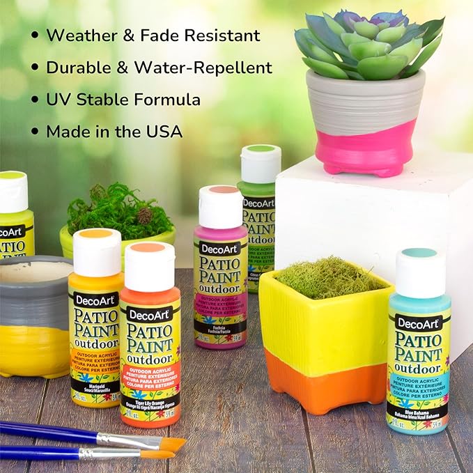 DecoArt Patio Outdoor Paint Set – 9 Neon & Metallic Colors (2 fl oz Bottles) – Outdoor Weatherproof Paints for Garden, Patio & Creative DIY Projects