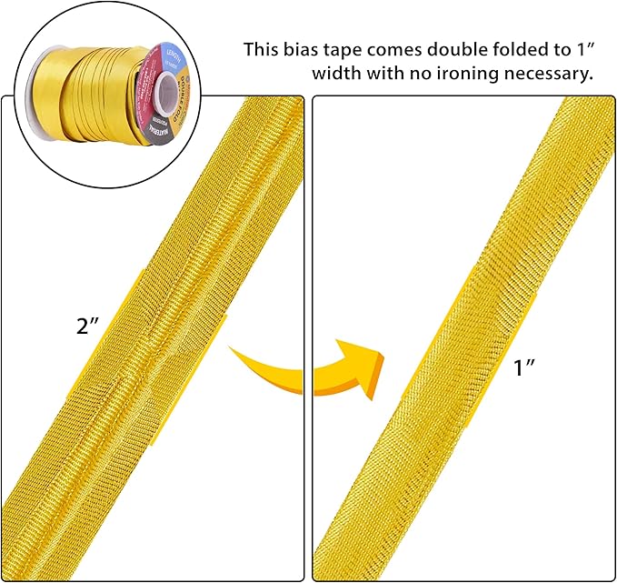 Mandala Crafts 55 Yards 1 Inch Metallic Gold Double Fold Bias Tape for Sewing - Bias Binding Tape for Quilting Binding, Hemming, Seam, and Fabric Piping