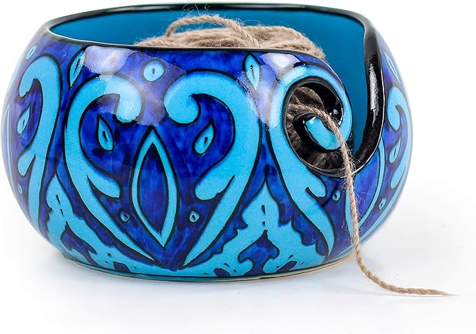 Nagina International Ceramic Attractively Hand Painted Gorgeous Stoneware Yarn Ball Storage Bowl With Innovative Dispensing Curl | Knitting & Crochet Accessions (Large, Deep Water Blue)