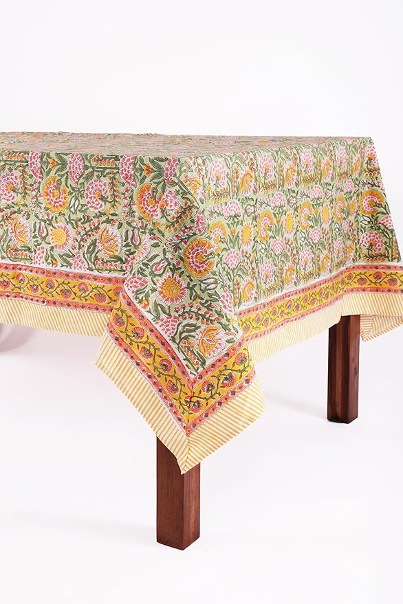 ATOSII Clover Green 100% Cotton Rectangle Boho Summer Tablecloth, Block Print Floral Table Cloth Linen for Dining, Parties, Weddings, Outdoors Home Decor 72 X 108 Inches I 8 Seater