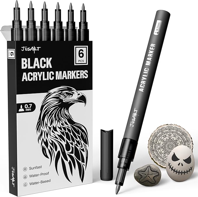 JusArt 6 Pack Black Acrylic Paint Markers, 0.7mm Fine Point Acrylic Paint Pens for Rock Painting, Art Projects, Ceramic, Glass, Wood, Metal, Fabric, DIY Crafts, Ideal Black Paint Pen for Art Supplies
