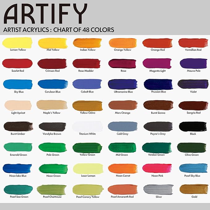 ARTIFY Acrylic Paint, Set Of 48 Color (1.29 oz, 38ml) with a storage box, Rich Pigments, Non Fading, Non Toxic Paints for Artist, Hobby Painters & Kids, Art Supplies for Canvas Painting