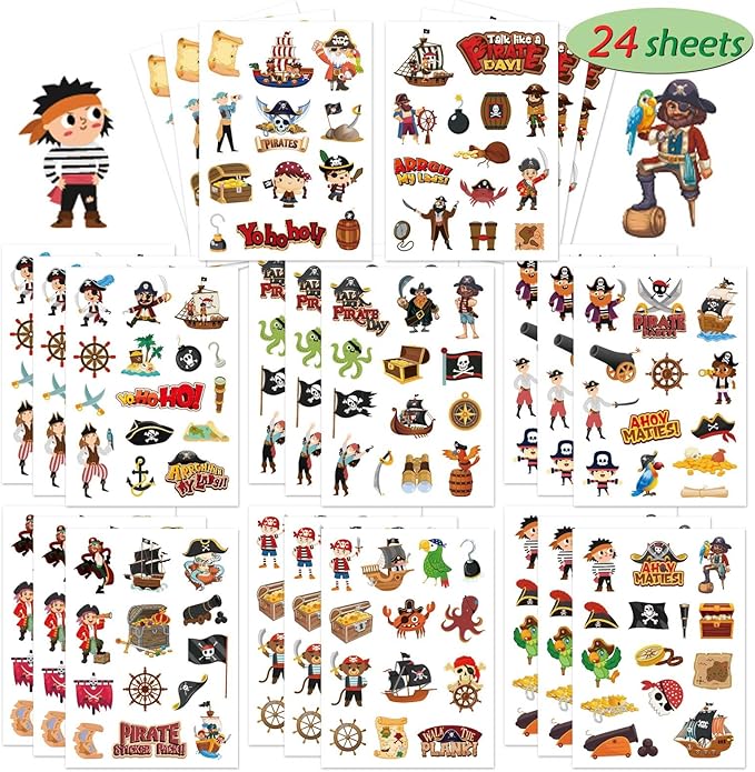 24 Sheets Pirate Stickers, Pirate Themed Stickers Variety Pack for Kids Scrapbooking, Pirate Party Favors Decorations, Pirate Stickers for Water Bottles Laptop Computer Phone