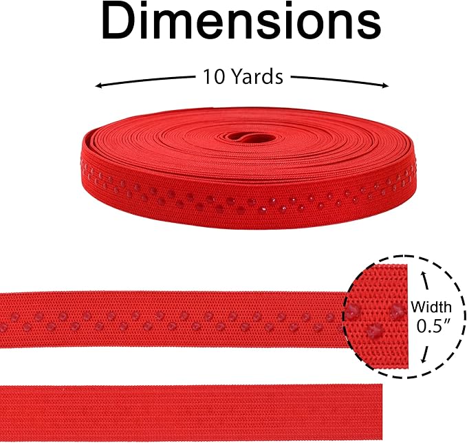 Mandala Crafts 0.5 Inch Elastic Silicone Gripper Tape for Clothing - 10 Yds Dotted Non Slip Elastic Band for Sewing - Red Silicone Flat Fabric Stretchy Ribbon Straps