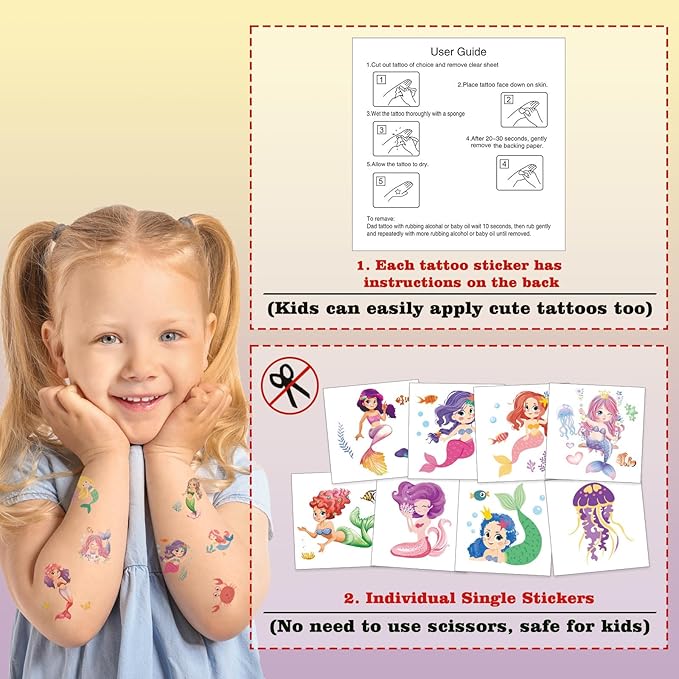 104 PCS Mermaid Temporary Tattoos for Kids Girls Birthday Decorations, Mermaid Fake Temp Tattoos Party Favors for Under The Sea Party Decorations Supplies