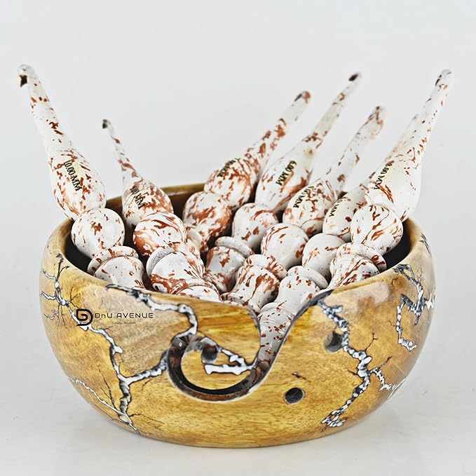 Wooden Crochet Hook Set with Yarn Bowl – Sizes 3.5mm to 12mm, White & Brown Smooth Handmade Bamboo Crochet Hooks for Yarn, Ergonomic Crochet Tools for Beginners & Experts