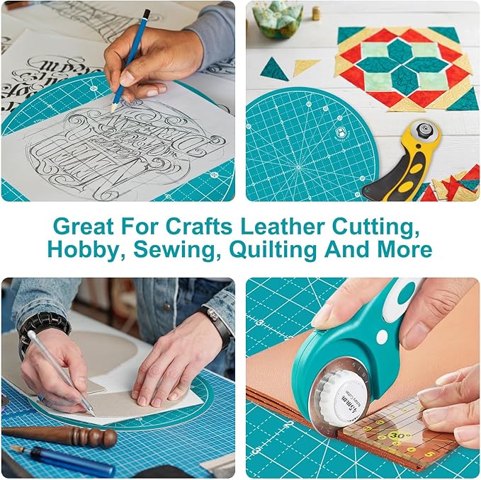 Headley Tools 10"x10" Round Rotating Cutting Mat, Self Healing Mat with 360-Degree Rotation & Anti-Slip Base, Sewing Board Cutting Mat Perfect for Fabric Quilting Leather Hobby Project, Turquoise