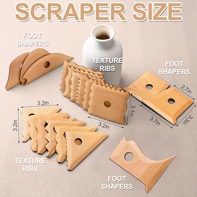 GlikCeil 12 Pcs Pottery Ribs Pottery Tools Pottery Foot Shaper Tools Pottery Trimming Tools Clay Texture Ribs Solid Beech Wood Pottery Ribs for Carving Clay Molds Clay Ceramics