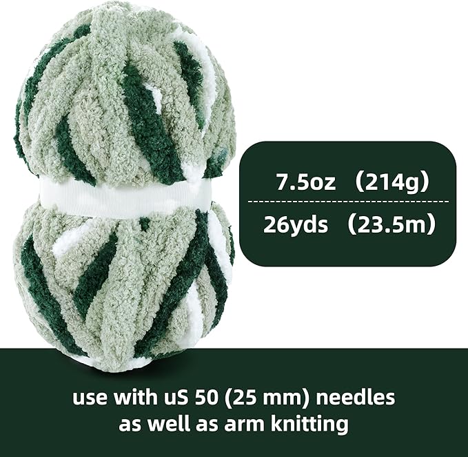 HOMBYS 8 Pack Giant Chunky Yarn for Crocheting and Hand Knitting: Super Bulky, Large Soft, Fluffy, Plush Fuzzy, Mixed Color Thick Chenille (Green Multi, White)