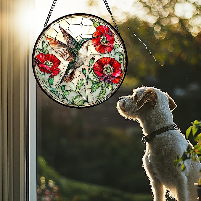 Stained Glass Window Hanging - Green Hummingbird Red Flower Suncatcher for Door Terrace Garden Home Decor Bird Landscape Sun Catcher Birthday Gifts for Lovers Women Men Dad Mom Nana 11.8 in