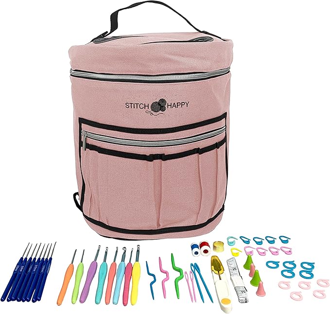 Designer Stitch Happy Crocheting Kit: 52 Piece Crochet Kit for Beginners & 7 Pocket Yarn Bag, Signature Yarn Storage - Tan