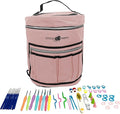 Designer Stitch Happy Crocheting Kit: 52 Piece Crochet Kit for Beginners & 7 Pocket Yarn Bag, Signature Yarn Storage - Tan