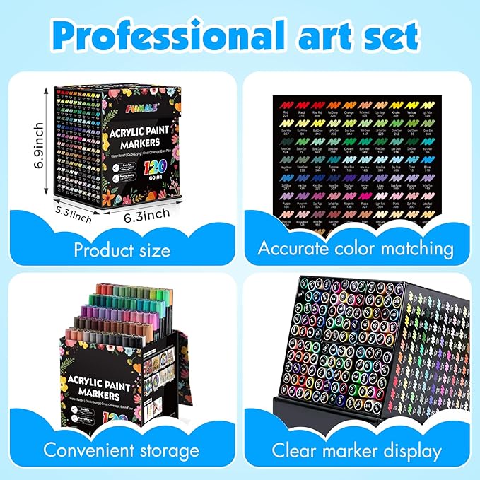 FUMILE 120 Colors Acrylic Paint Markers Dual Tip(Fine and Brush Tip), Acrylic Paint Pens paint Marker for Wood, Rock, Plastic, Glass, Ceramic, Canvas.Acrylic Markers Set for Art Supplies.