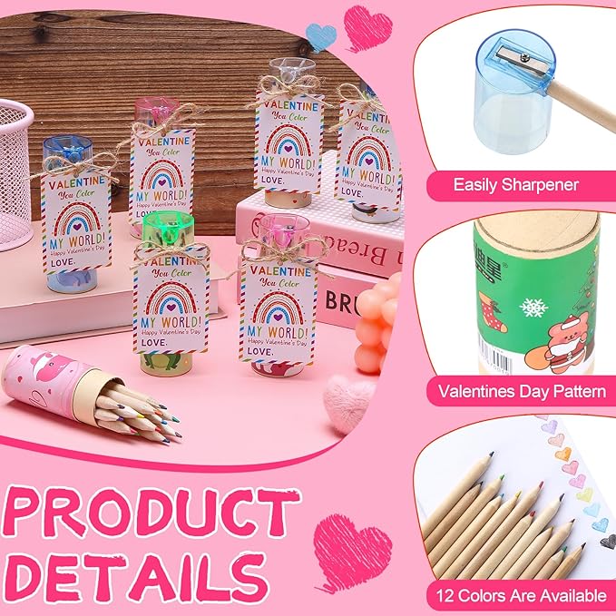 36 Pack Valentine Mini Colored Pencils with Sharpener in Tube Valentine's Day Party Favor with Valentines Cards,Come with Jute Rope for Adults Writing Sketching Painting,12 Colors