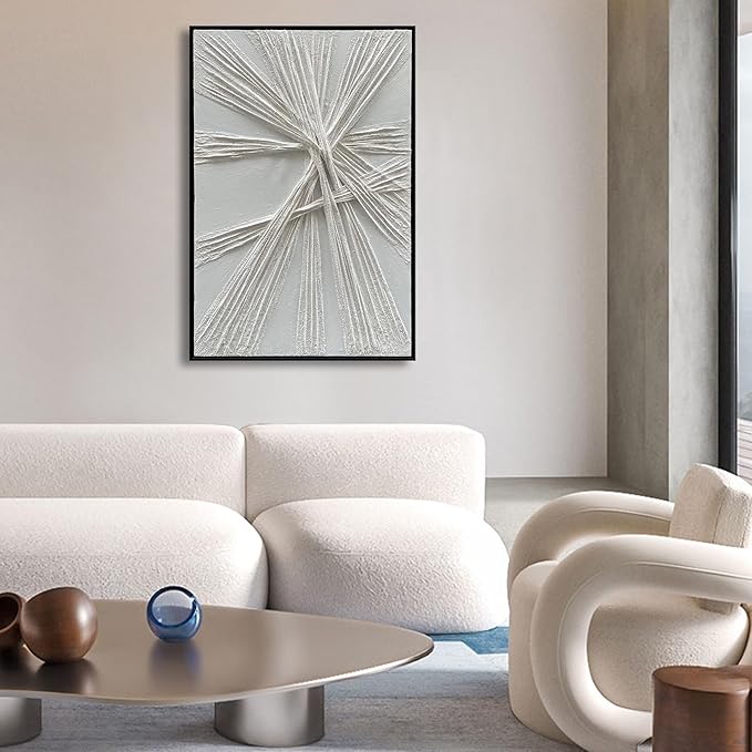 NANKAI Art Hand-Painted Thick Texture White Oil Painting Modern Abstract Art 36x24 inch Home Wall Art Decorative Painting (with Solid Wood Exterior Frame)