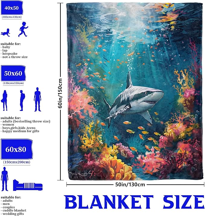 Shark Ocean Throw Blanket for Boys Girls Kids Adults Women, Fuzzy Warm Soft Cozy Flannel Blankets Gifts for Bedroom, Couch, Travel, Home Decor 60x80 in