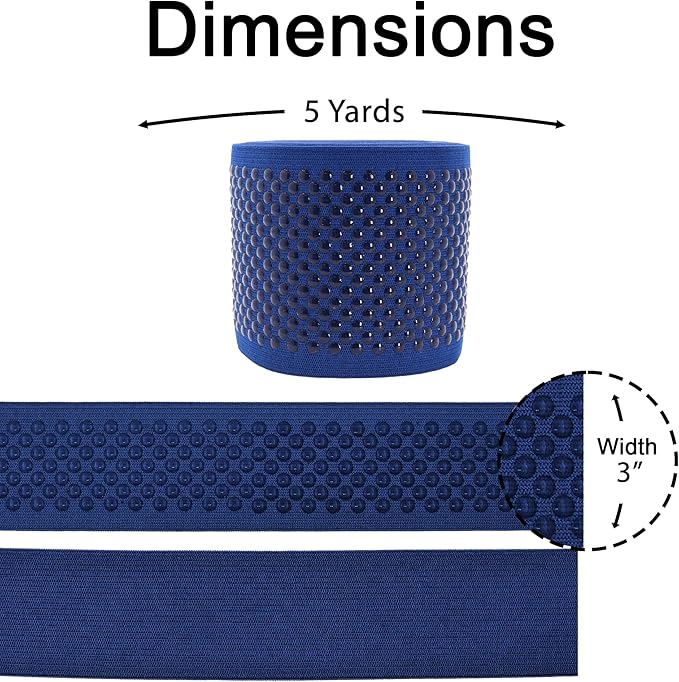 Mandala Crafts 3 Inch Elastic Silicone Gripper Tape for Clothing - 5 Yds Dotted Non Slip Elastic Band for Sewing - Navy Blue Silicone Flat Fabric Stretchy Ribbon Straps