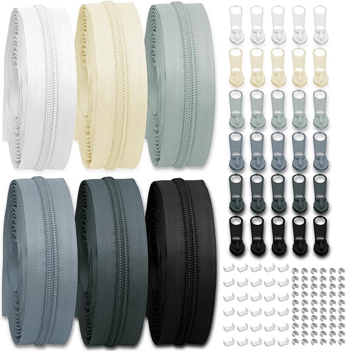 #3 Nylon Zipper Tape for Sewing: YZSFIRM 24 Yards Gray Series by The Yard Nylon Coil Zippers for DIY Sewing Craft with 30 Bulk Metal Zipper Slider