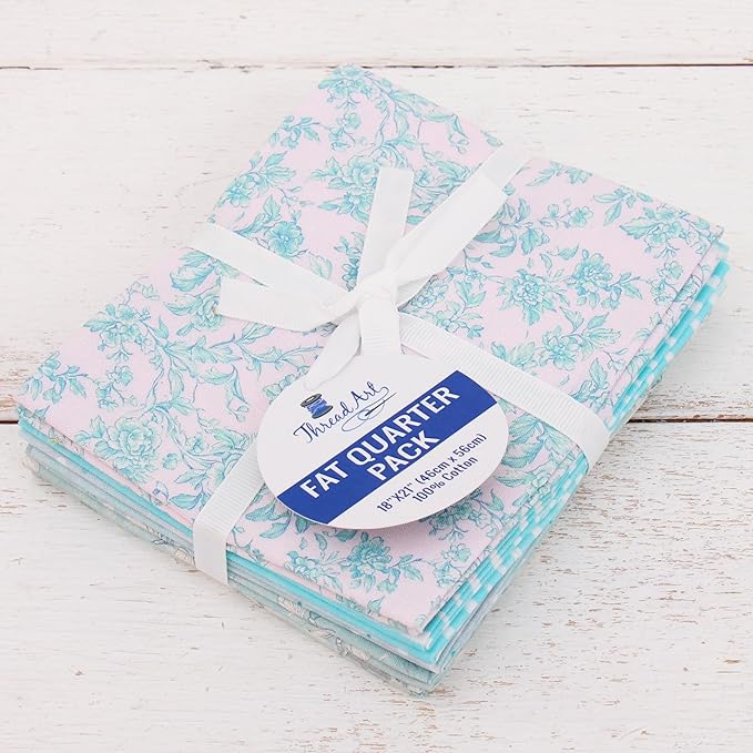 Threadart Exclusive 5 Fat Quarter Bundles - Light Aqua Vintage Prints 100% Cotton Fabric - Premium 100% Cotton Quilting Fabric - No Duplicates - Full Size Fat Quarters 18"x21" - Light Aqua