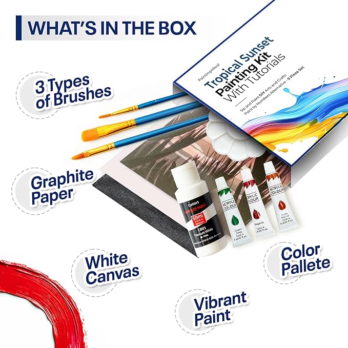 Painting4Real DIY Art Painting Kit for Adults – Learn to Paint Tropical Sunset with Video Tutorials – 9 Pieces Acrylic Paint Set for Adults –Perfect Christmas Crafts & Holiday Gifts for Art Lovers
