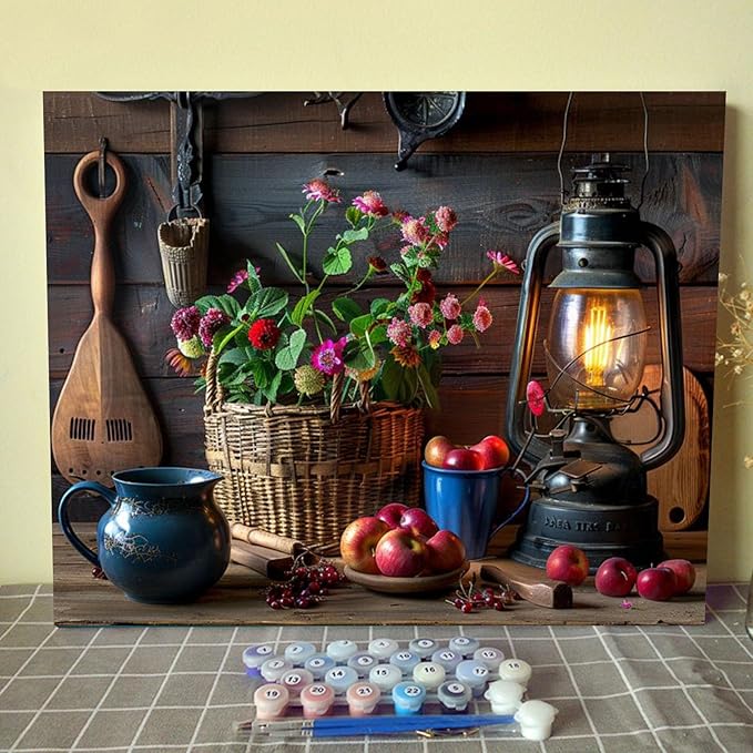 Rustic Style DIY Oil Painting on Canvas 16x20 Inch Paint by Numbers for Adults Kids Flower Oil Lamp and Apple Acrylic Pigment Watercolor Paint Kits Retro European Style Home Wall Decor(Frameless)