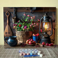 Rustic Style DIY Oil Painting on Canvas 16x20 Inch Paint by Numbers for Adults Kids Flower Oil Lamp and Apple Acrylic Pigment Watercolor Paint Kits Retro European Style Home Wall Decor(Frameless)