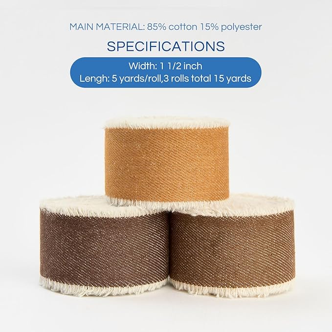 Pretty Jolly Brown Denim Ribbon for Crafts Handmade Rustic Frayed Cotton Jean Fabric Ribbon for Flower Bouquet 15 Yards 1 1/2 Inch Cloth Ribbons for Gift Wrapping Hair Sewing Accessories Holiday Decor