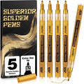 5 Acrylic Paint Markers, Gold Paint Pens, Metallic Permanent Markers Extra-Fine Tip 0.7mm, Waterproof Pens for Rock Painting, Wood, Plastic, Metal, Canvas (5 Gold)