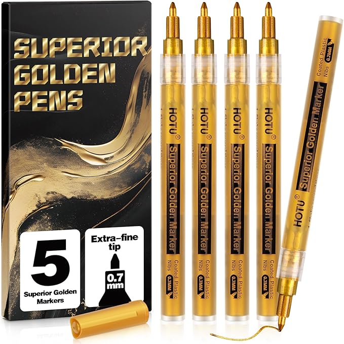 5 Acrylic Paint Markers, Gold Paint Pens, Metallic Permanent Markers Extra-Fine Tip 0.7mm, Waterproof Pens for Rock Painting, Wood, Plastic, Metal, Canvas (5 Gold)