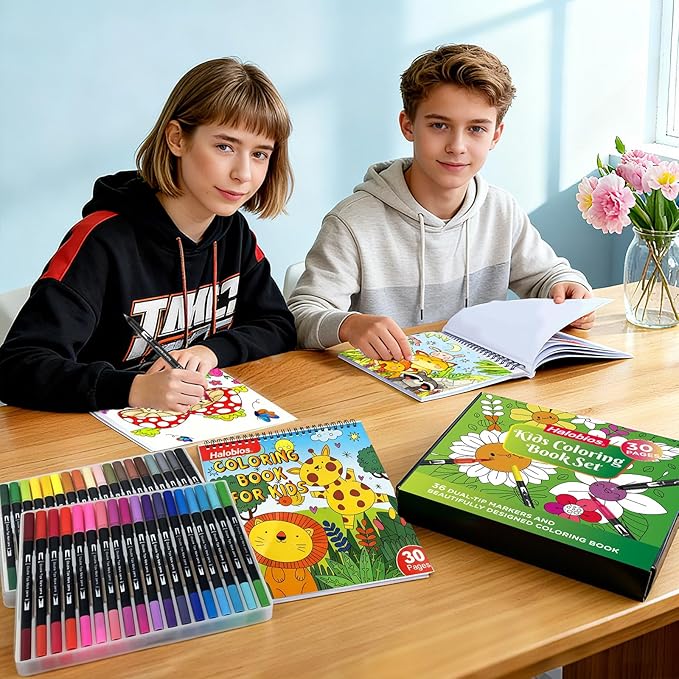 Halobios Cute Coloring Book Set, Adult Coloring Book Set with 36 Markers, 30 Relaxing and Easy Designs Art Supplies for Boys Girls Student, Creative & Relaxing Gifts for Women & Adults