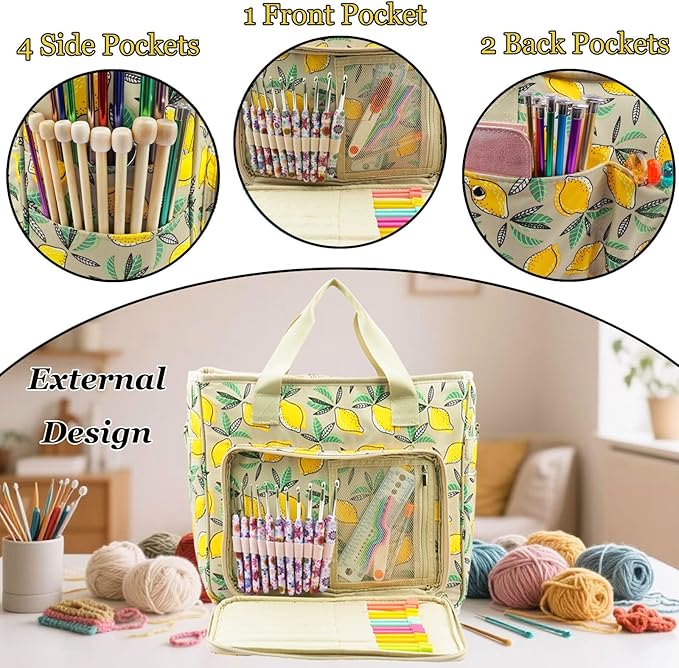 Mdoker Knitting Bags and Totes Organizers Large Crochet Bag Lightweight Yarn Bags for Travel Yarn Storage Organizers for Crochet Hooks,Yarn,Knitting & Crochet Supplies (Yellow Lemon)