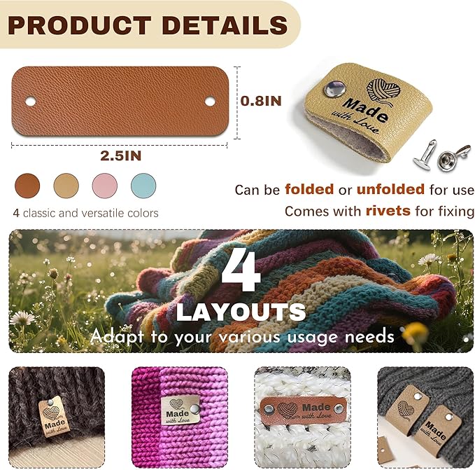 24pcs Crochet Tags for Handmade Items Made with Love Leather Tags for Crochet Items, Knitting Accessories with Rivets, Suitable for Scarves Hats Gloves, Gifts for Crocheters (Layout B)