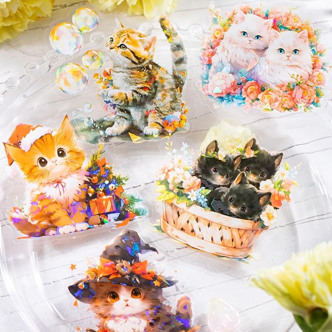 Yoksas Holographic Sparkle Cute Cat Stickers- 60Pcs Waterproof Kawaii Kitty Stickers for Scrapbooks,Journalig,Water Bottles,Planner