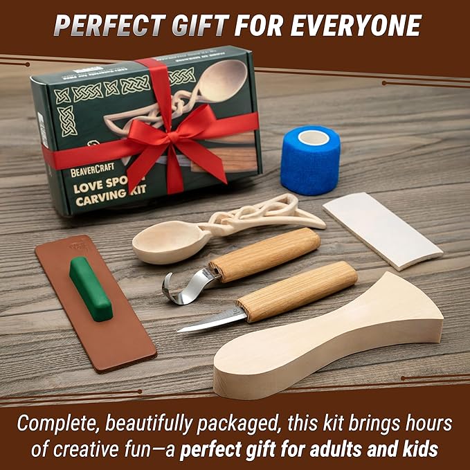 BeaverCraft Wood Spoon Carving Kit for Beginners DIY04 - Whittling Set Includes Spoon Carving Tools, Sloyd Whittling Knife Hook Knife, Basswood Blank - Woodworking Hobby Kit for Adults & Kids