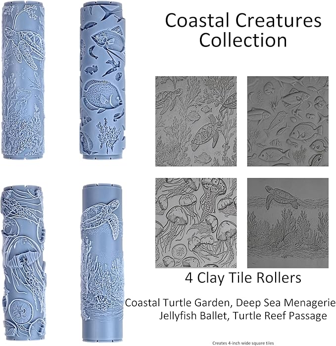 Coastal Creatures Collection 4-Pack Clay Texture Rollers (4") - Seamless Ocean Set #01 - Embossing Pattern Rollers for Polymer & Ceramic Clay, Pottery & Crafts