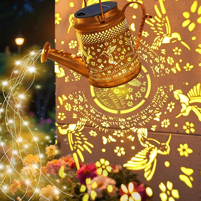 VOOKRY Solar Lights Outdoor Waterproof, Hummingbird Retro Metal Solar Watering Can Lights, Birthday Gifts for Women Mom Grandma Christmas Hanging Garden Decor Yard Light for Outside Patio Lawn Porch